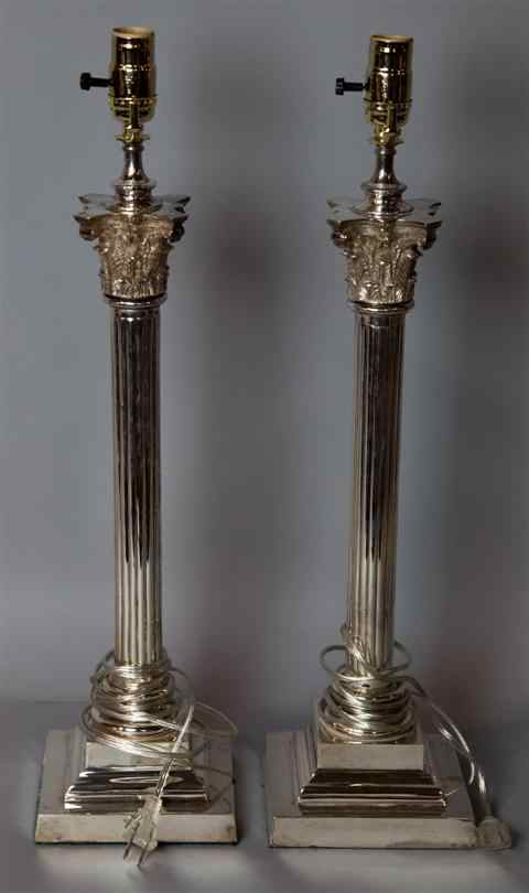 Appraisal: PAIR OF SILVER PLATE COLUMN LAMPS h w d in