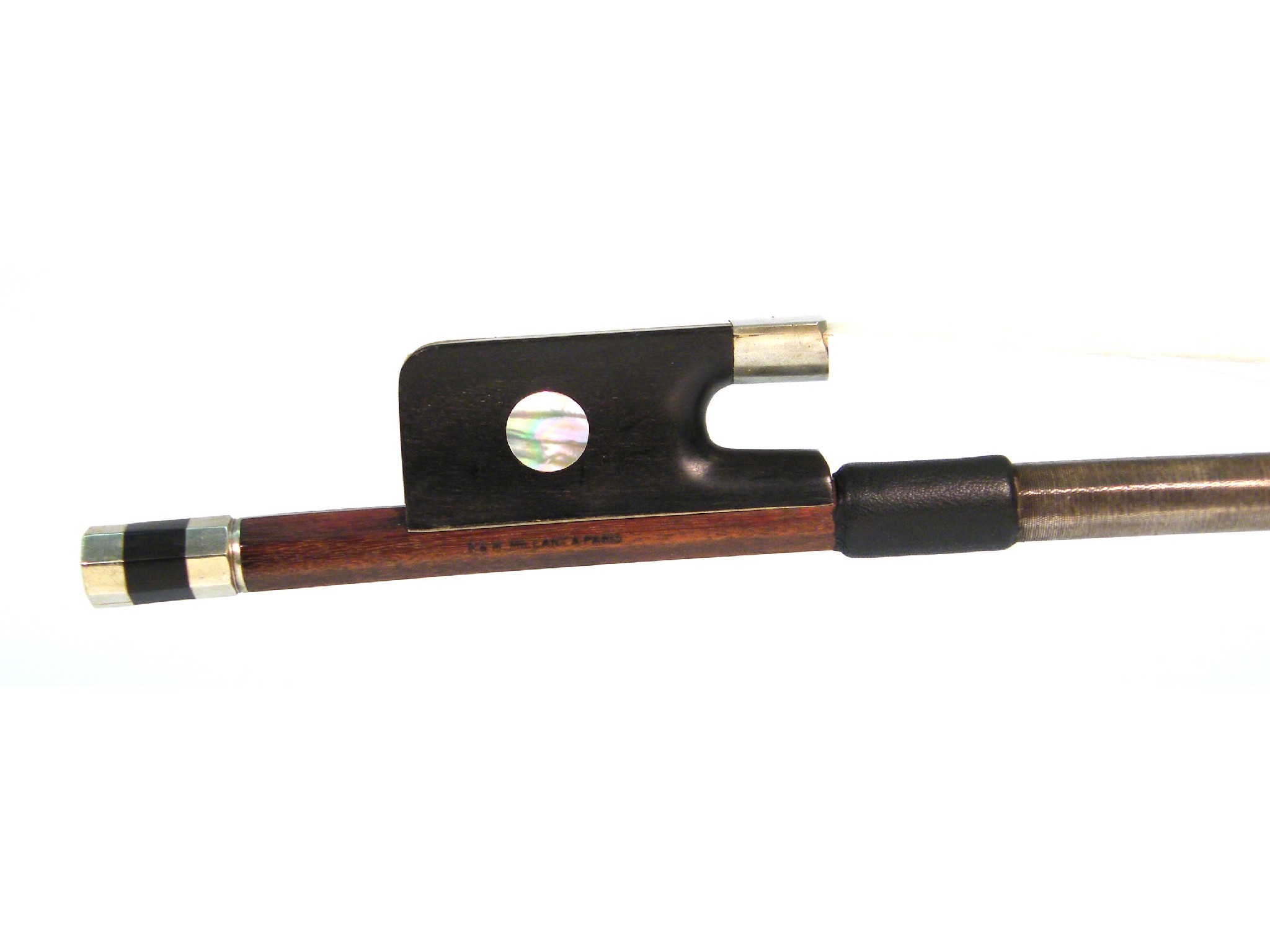 Appraisal: French nickel mounted double bass bow made by Louis Bazin