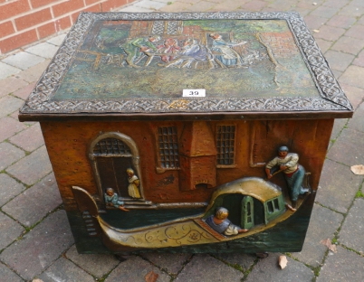 Appraisal: th Century decorated copper embossed coal box with images of