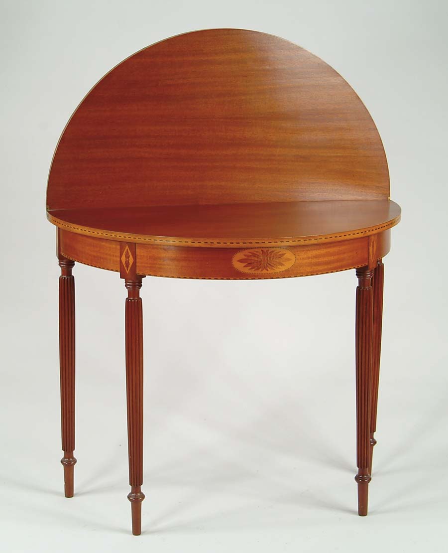 Appraisal: CENTENNIAL SHERATON INLAID MAHOGANY CARD TABLE D-shaped has inlaid oval