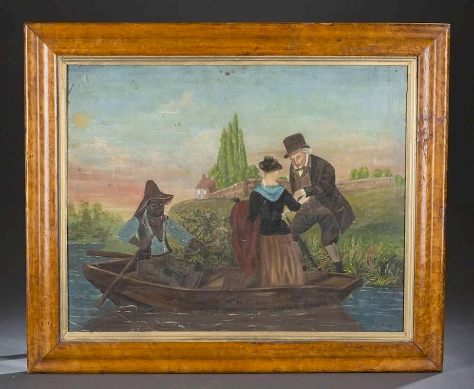 Appraisal: Naive scene of people in rowboat Unknown Oil on board