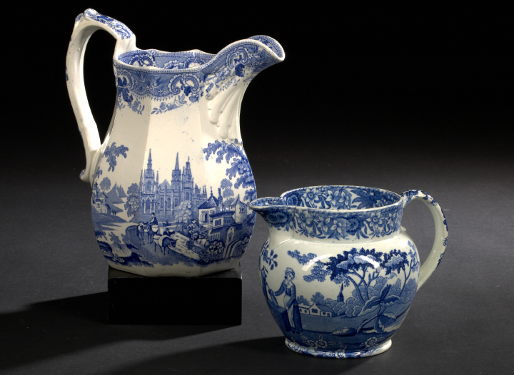 Appraisal: Two Staffordshire Blue-and-White Transfer-Printed Pottery Jugs first quarter th century