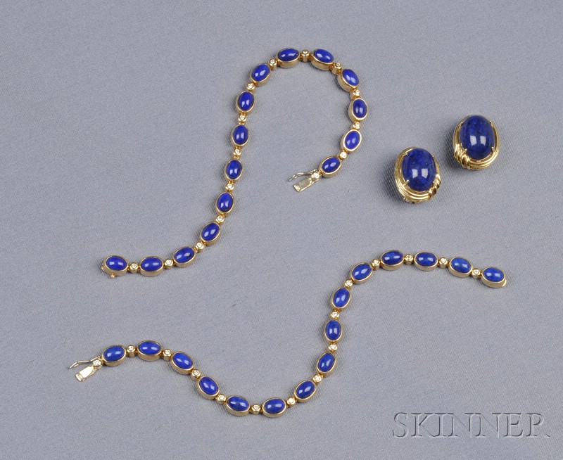 Appraisal: Three kt Gold and Lapis Jewelry Items comprising a pair