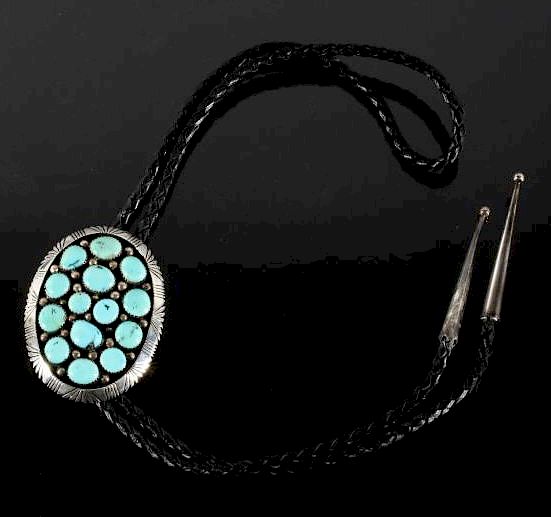 Appraisal: Signed Navajo Sterling Turquoise Bolo-Tie Offered in this lot is