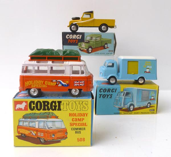 Appraisal: THREE CORGI MODELS INCLUDING HOLIDAY CAMP SPECIAL COMMER BUS KARRIER