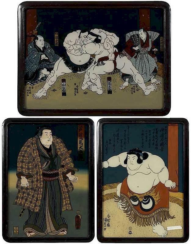 Appraisal: Three Framed Japanese Reverse Paintings th century two depicting sumo