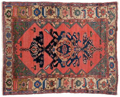 Appraisal: Malayer rug dark blue central medallion on salmon field ivory