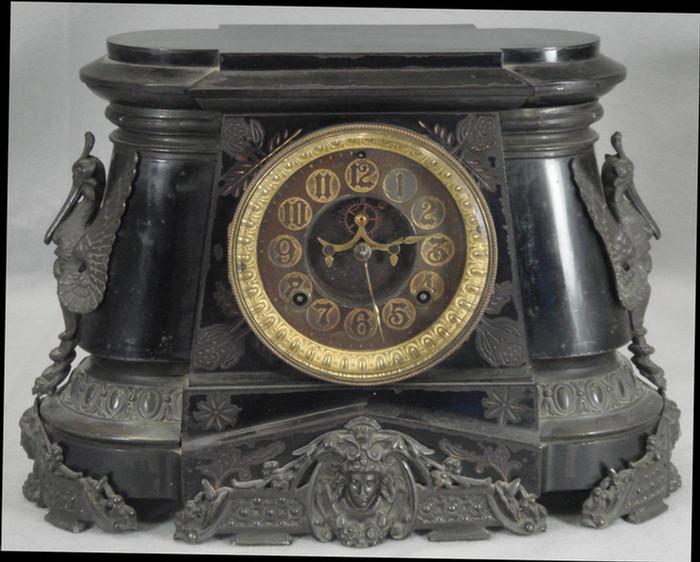 Appraisal: Figural Iron Ansonia Clock with Open Escapement pendulum some chips