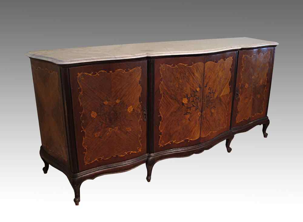 Appraisal: MARQUETRY INLAY MARBLE TOP SIDEBOARD Shaped marble top over serpentine