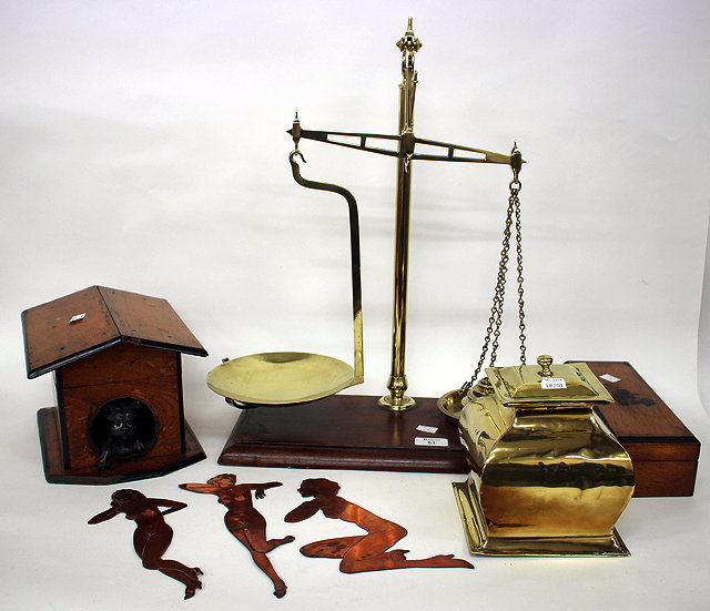 Appraisal: A SET OF TH CENTURY BRASS SCALES with a mahogany