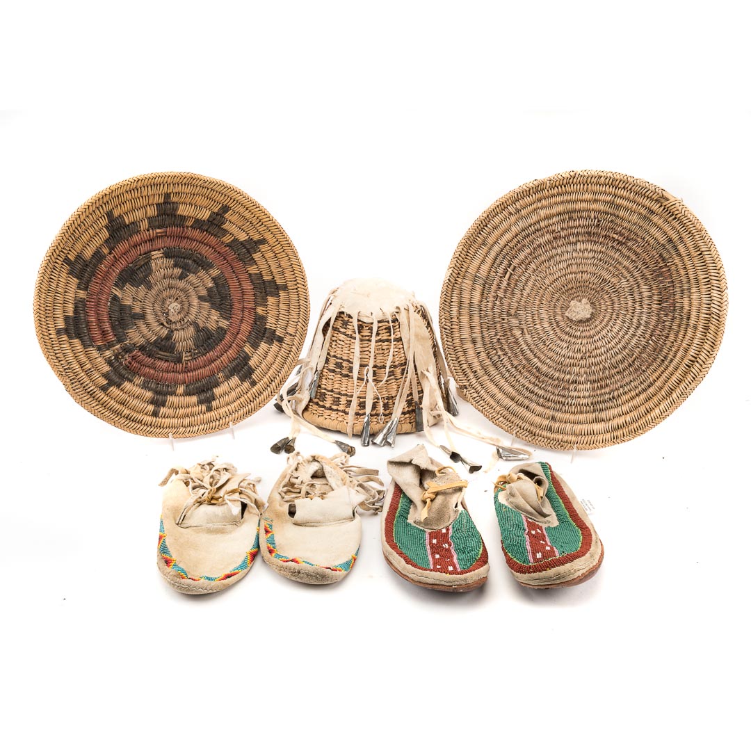 Appraisal: pairs Native American moccasins baskets including two pairs women's deer