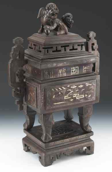 Appraisal: Chinese silver inlaid bronze covered censerin three parts the foo