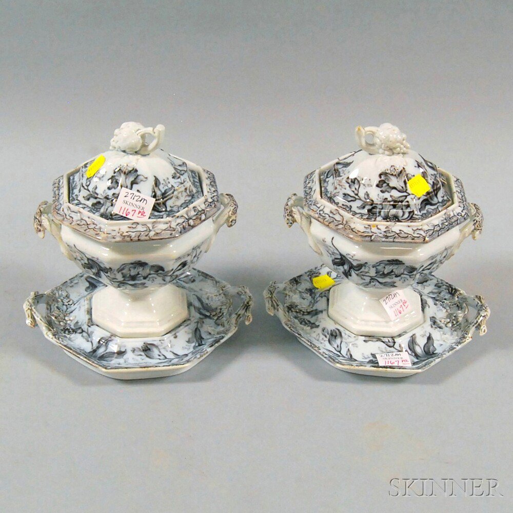 Appraisal: Pair of Black Transfer-decorated Covered Sauce Tureens and Underplates ht