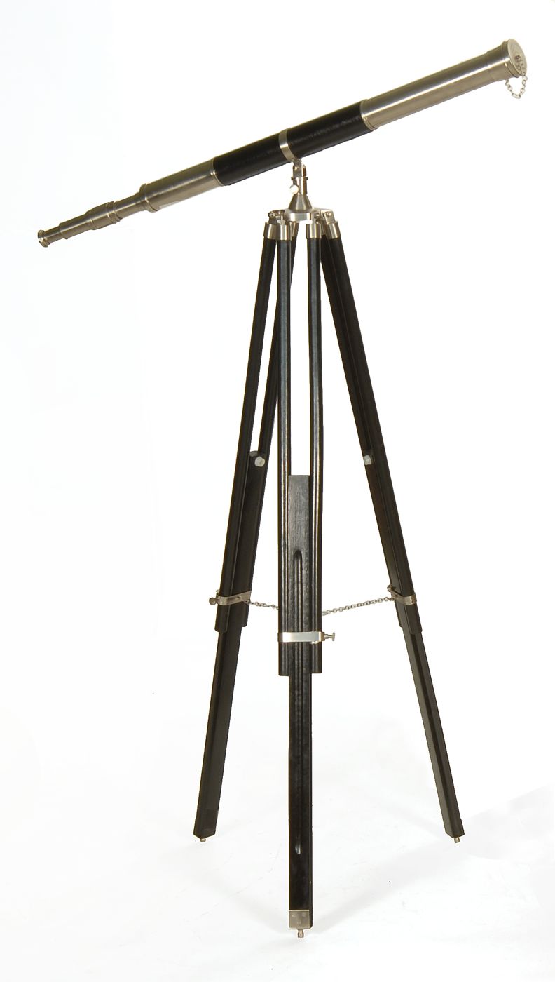 Appraisal: BLACK LEATHER AND NICKEL-FINISHED TELESCOPE ON TRIPOD Barrel with black