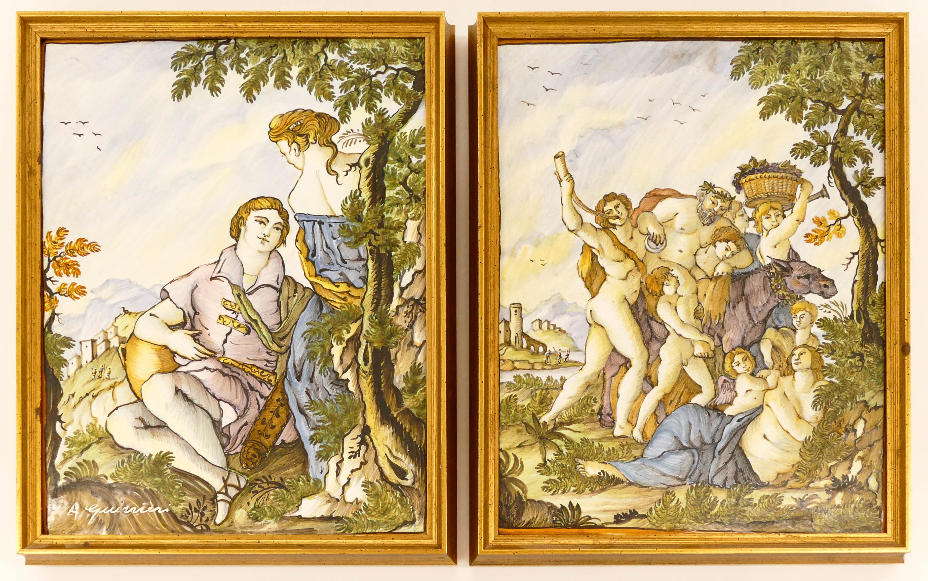 Appraisal: Pair Italian Faience Scenic Plaques Framed ''x '' One has