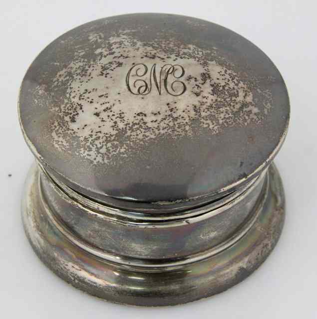 Appraisal: A circular silver box Birmingham the hinged lid with initials