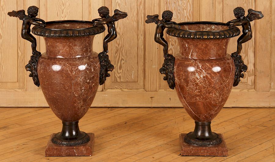 Appraisal: PAIR FRENCH STYLE MARBLE AND BRONZE URNS A pair of