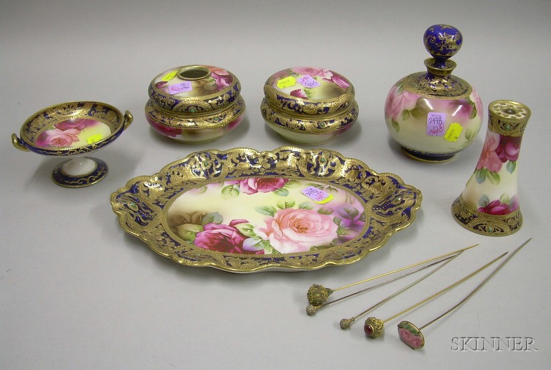 Appraisal: Six-piece Nippon Gilt and Hand-painted Rose Decorated Porcelain Dresser Set