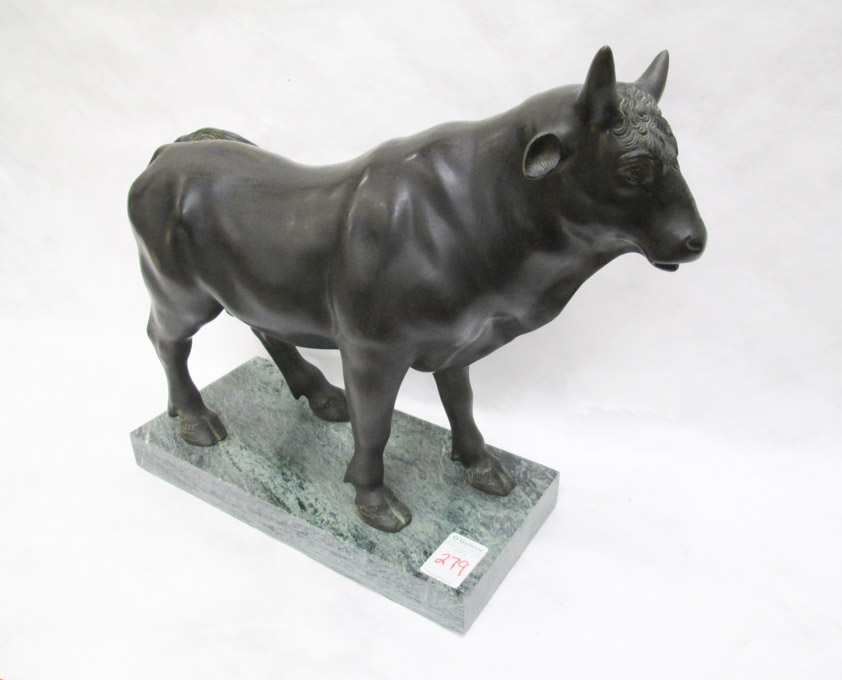 Appraisal: CAST BRONZE BULL SCULPTURE of a standing bull on marble