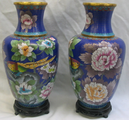 Appraisal: PAIR OF CHINESE CLOISONNE ENAMEL TALL VASES with hardwood bases