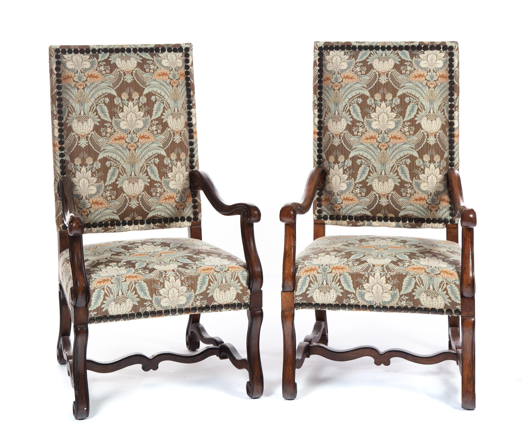 Appraisal: PAIR OF JACOBEAN-STYLE ARMCHAIRS European th century walnut Heavy scrolled