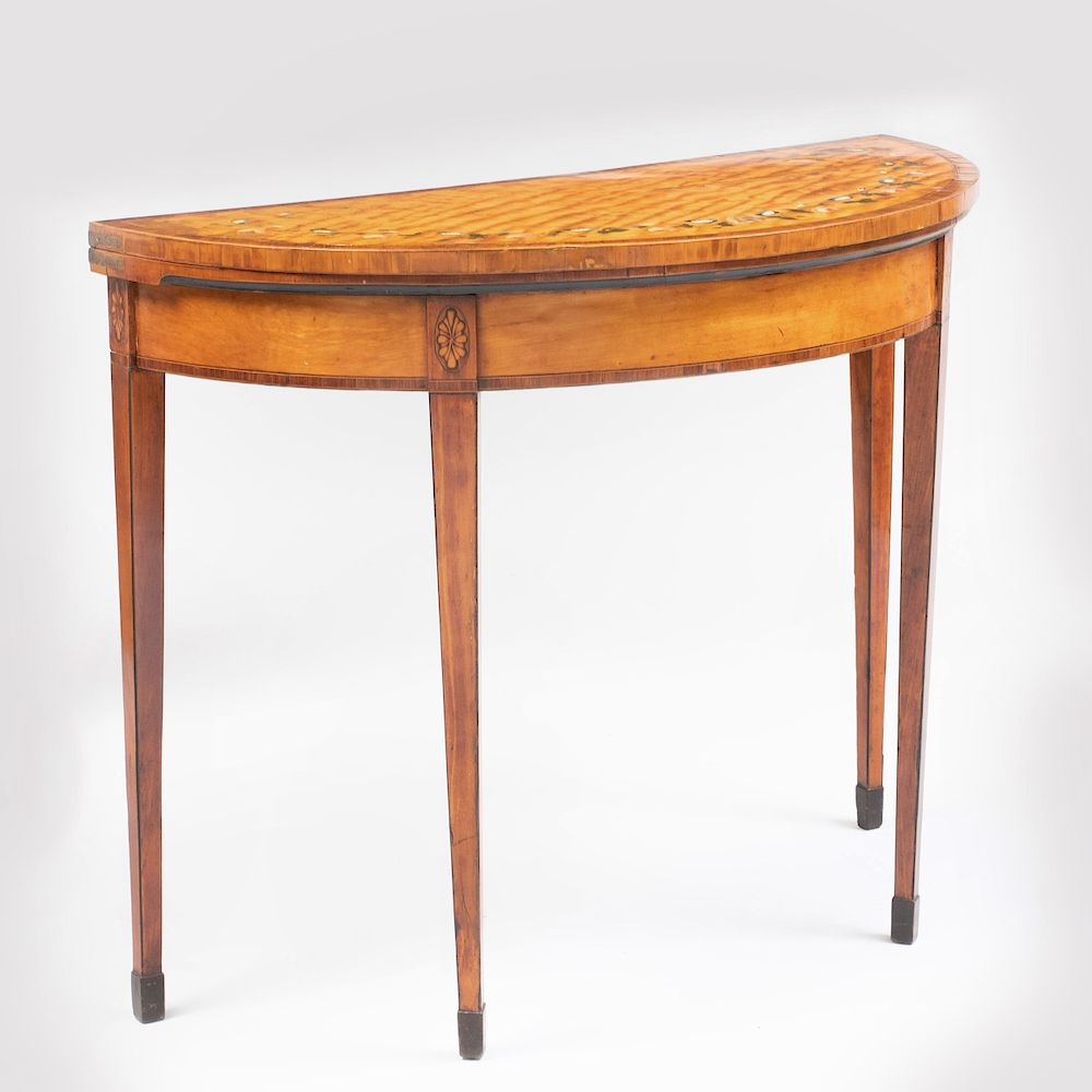 Appraisal: George III Polychrome Painted Satinwood D-Shaped Card Table The hinged