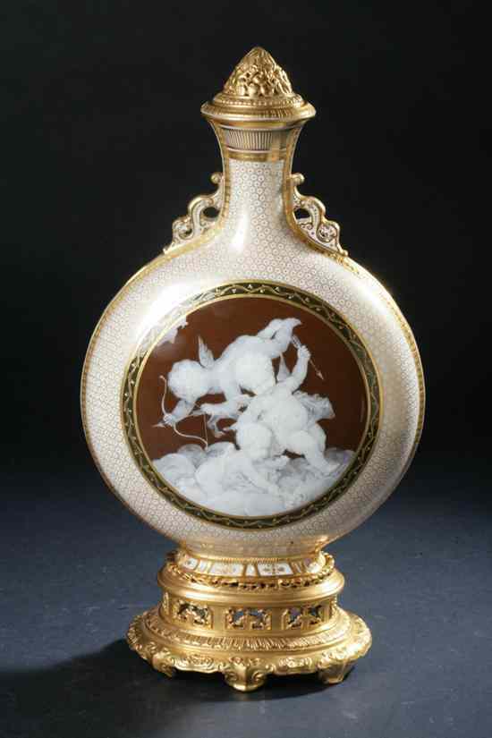 Appraisal: MINTONS P TE-SUR-P TE PILGRIM FLASK AND COVER Gilt crowned