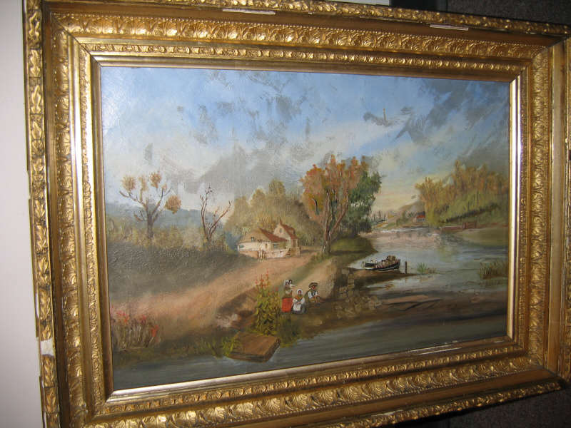 Appraisal: BRITISH SCHOOL TH CENTURY Landscape with figures beside a river