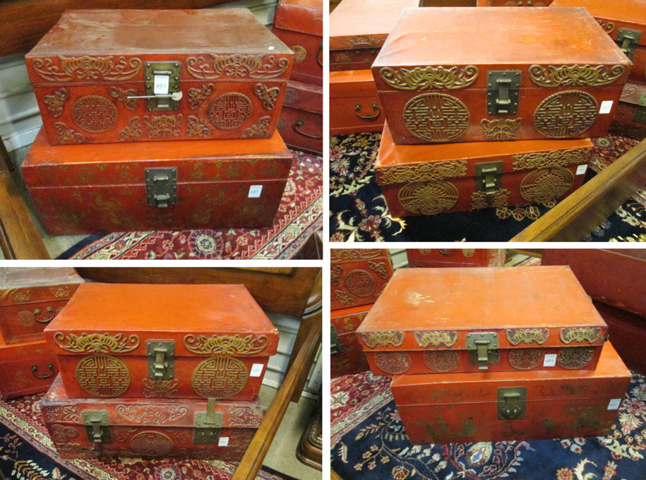 Appraisal: EIGHT CHINESE RED LEATHER TRAVEL TRUNKS AND CASES all rectangular