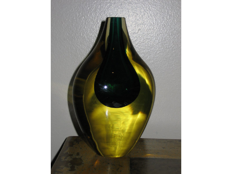 Appraisal: VENINI CASED GLASS VASE green tear-drop interior with yellow glass