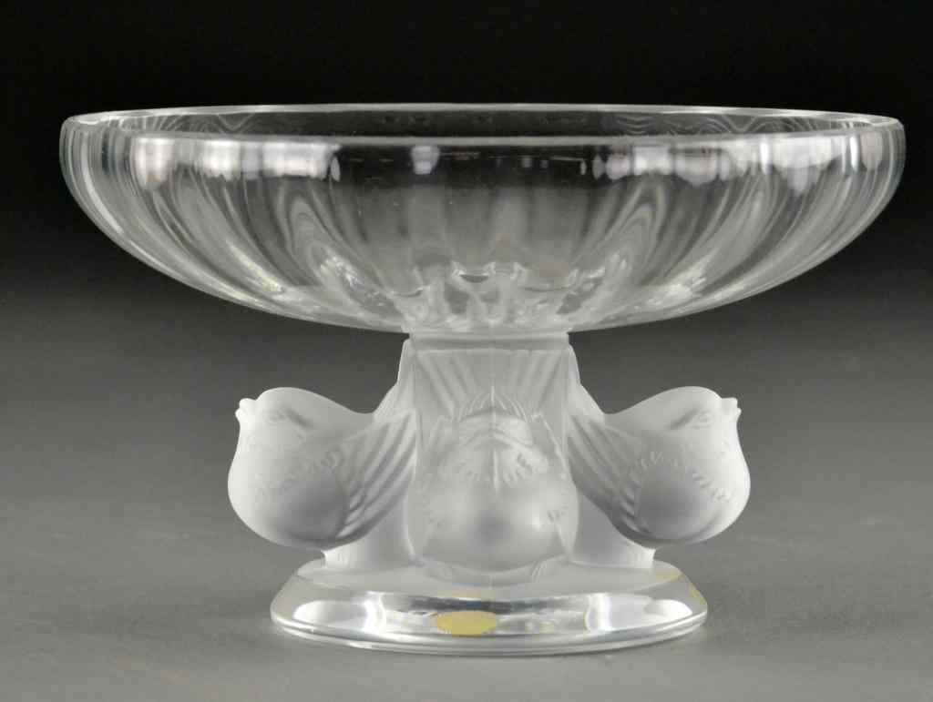 Appraisal: Lalique Crystal Bowl with Bird PedestalRibbed bowl raised on pedestal