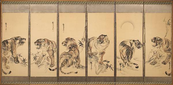 Appraisal: Attributed to Kishi Ganku Tigers Large six panel screen ink