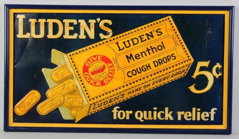 Appraisal: Embossed Tin Luden's Cough Drop Sign Nice image of a