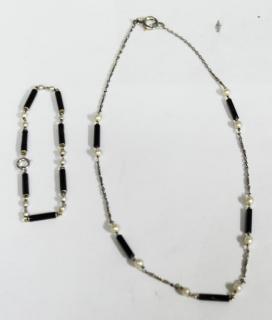 Appraisal: Gold Enamel Pearl Necklace Bracelet Each comprised of alternating black