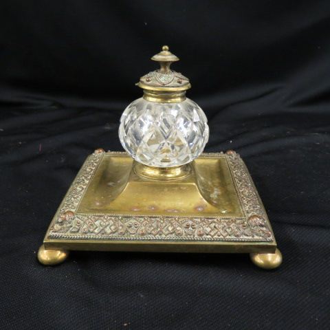 Appraisal: Victorian Cut Crystal Brass Inkwell diamond pattern well on fancy