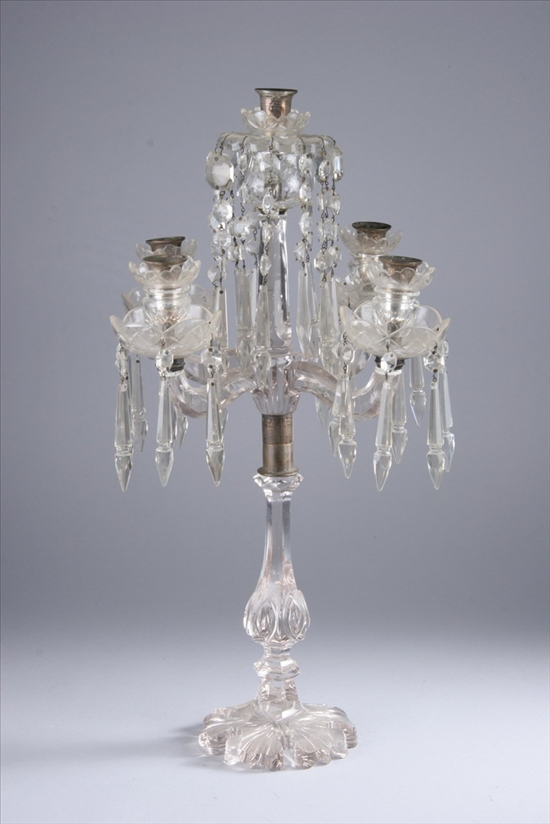 Appraisal: CUT GLASS FIVE-LIGHT CANDELABRUM th century Shaped circular base partial