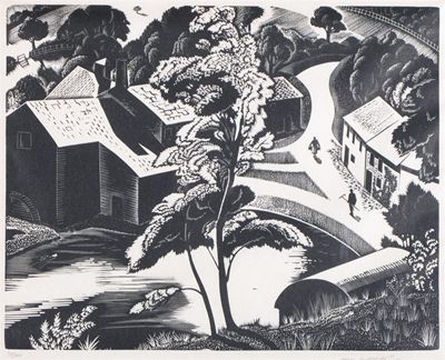 Appraisal: Iain Macnab - Village scene Signed and numbered Wood engraving