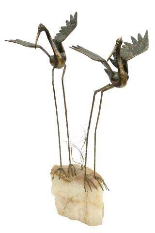 Appraisal: Patinated mixed metal and stone sculpture Water Birds signed C