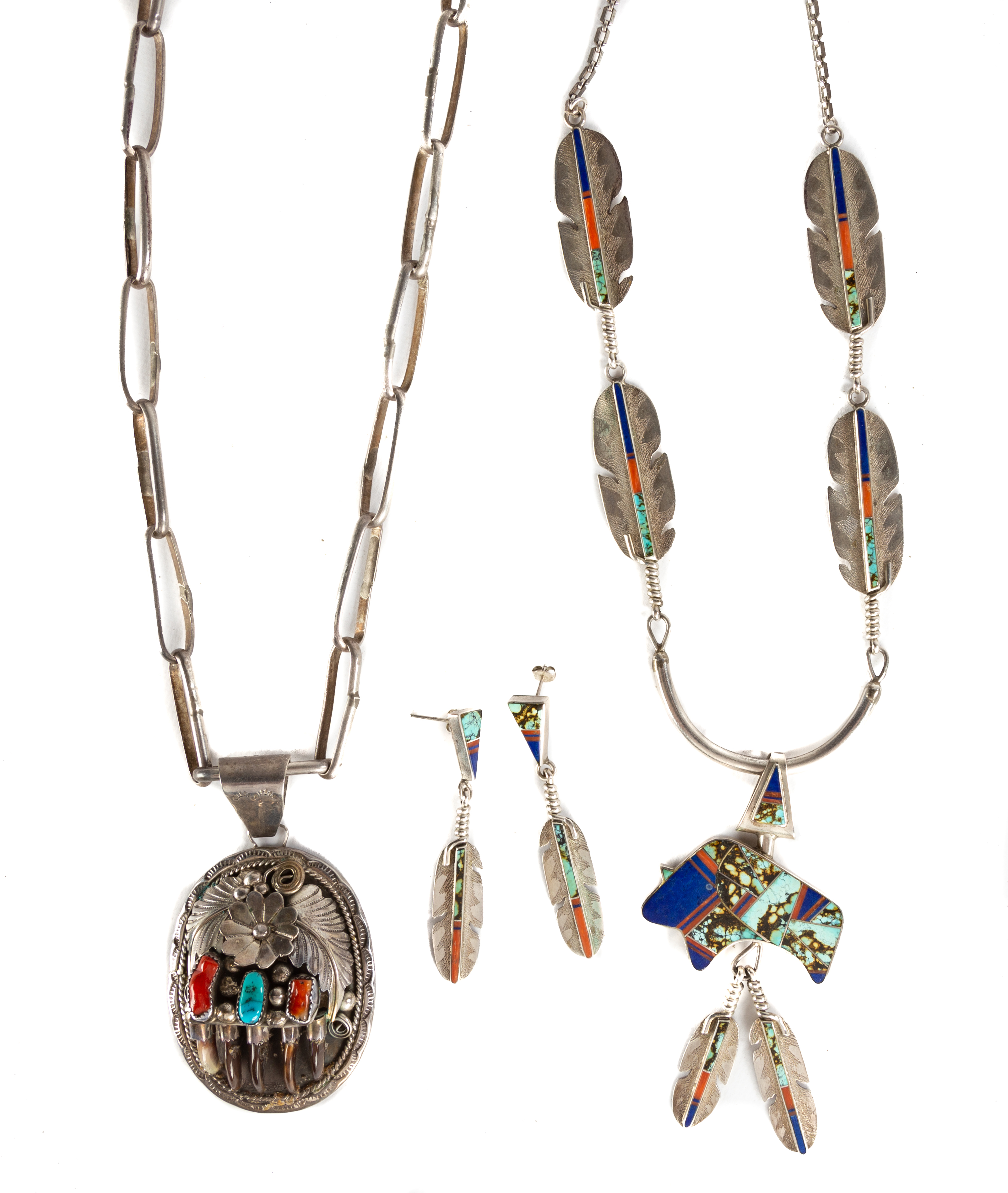 Appraisal: NAVAJO SILVER TURQUOISE AND HARDSTONE NECKLACES AND EARRINGS Marked sterling