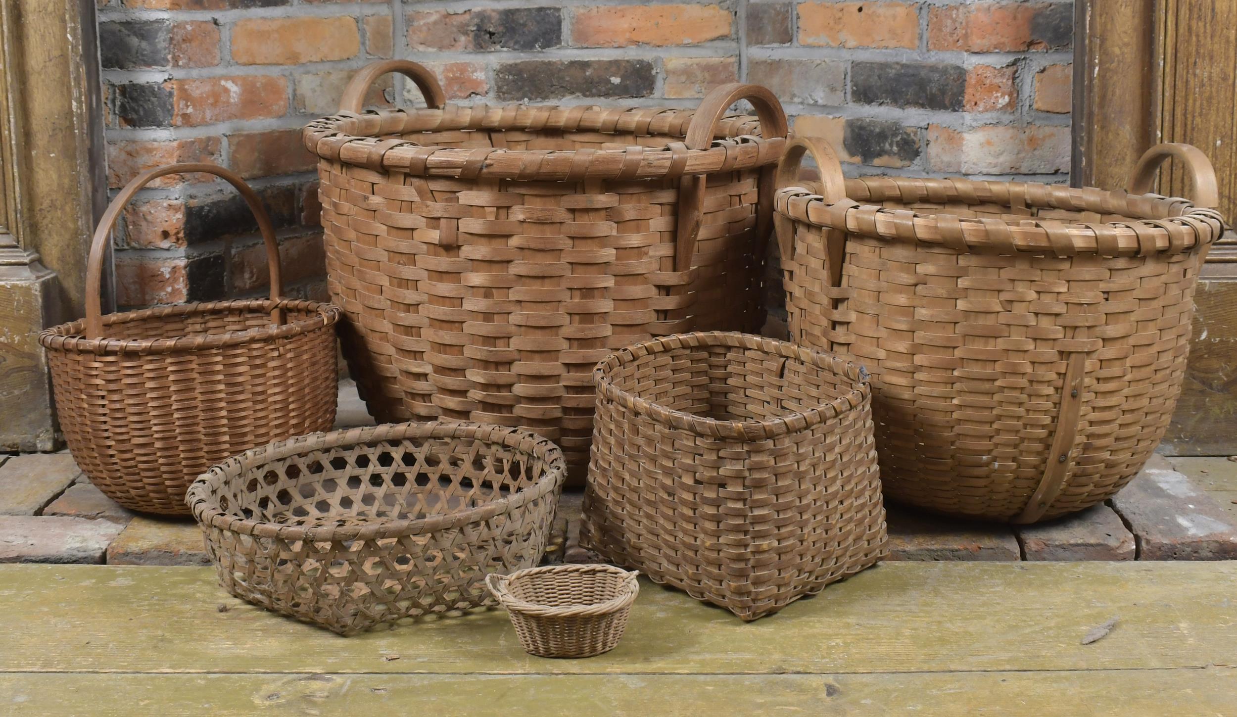 Appraisal: SIX ANTIQUE SPLINT BASKETS Large split basket with double handles