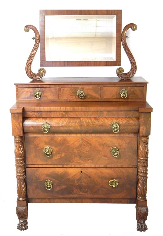 Appraisal: Empire chest American circa mahogany and mahogany veneer lyre shaped