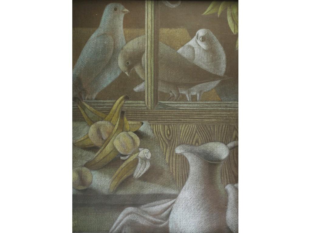 Appraisal: ROTHERA PASTEL DRAWING Three pigeons looking through a window at