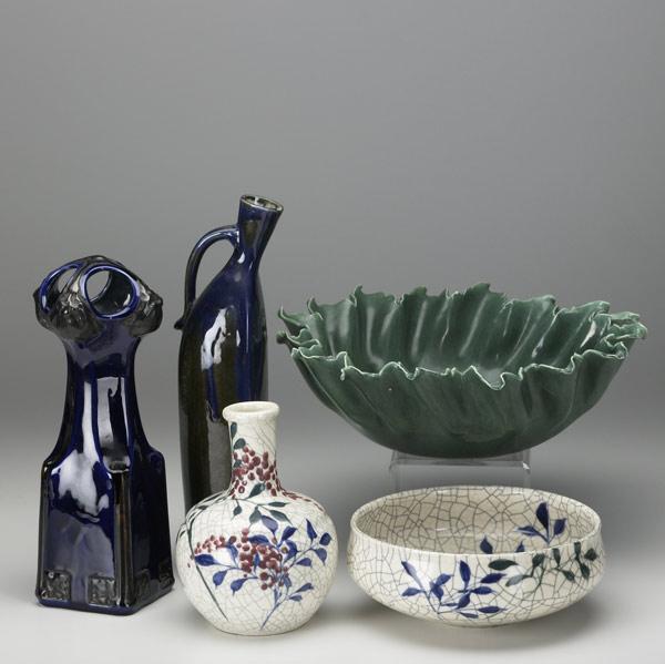 Appraisal: MODERN CERAMICS Includes Brahms ruffled bowl stoneware flask etc Tallest