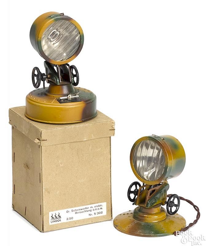 Appraisal: Two Lineol camouflage painted tin search lights Two Lineol camouflage