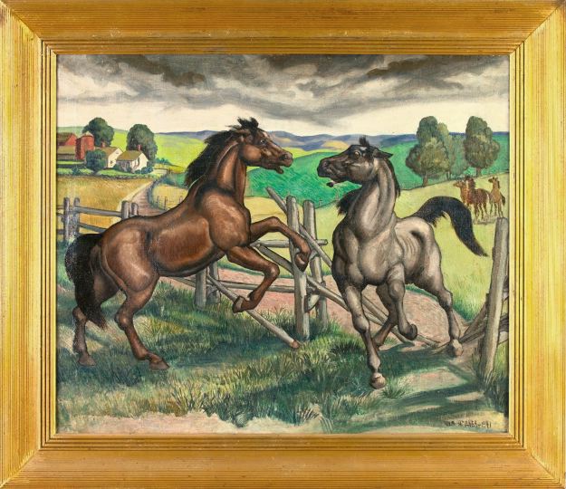 Appraisal: Nils Hogner American - Angry Stallions oil on canvas x