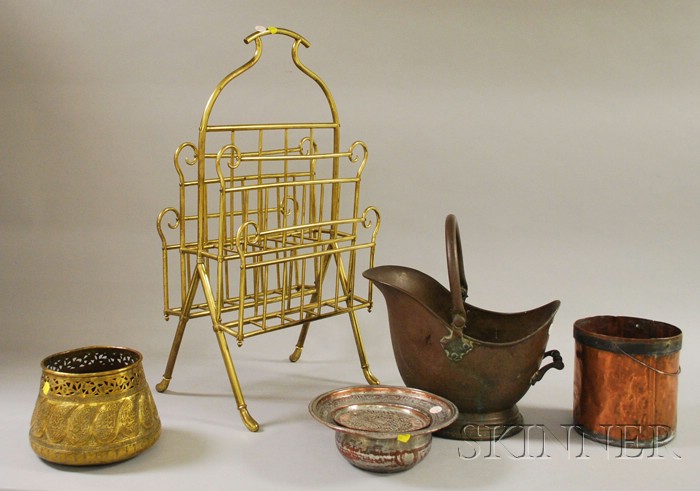 Appraisal: Five Assorted Decorative Metal Items a brass newspaper rack a