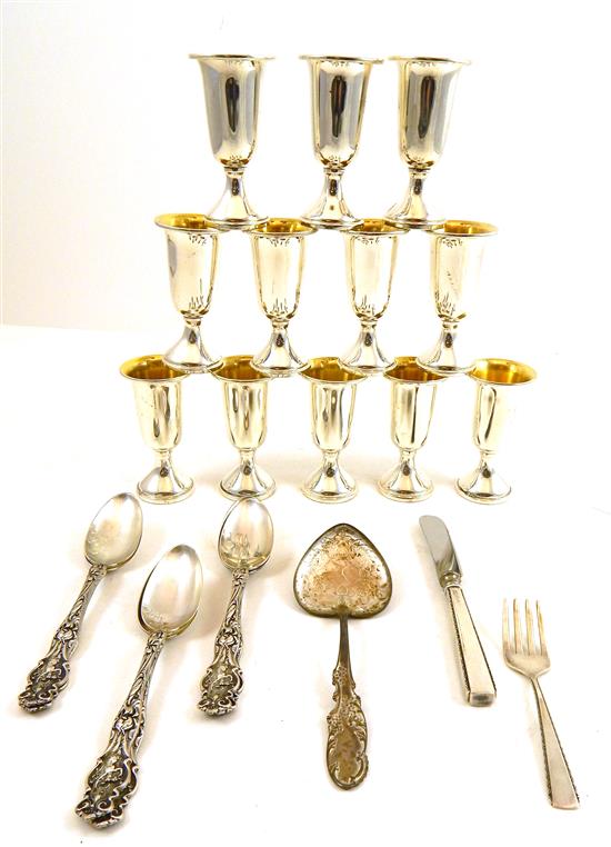 Appraisal: STERLING twenty-one pieces twelve footed cordials with gilt-washed interiors stamped