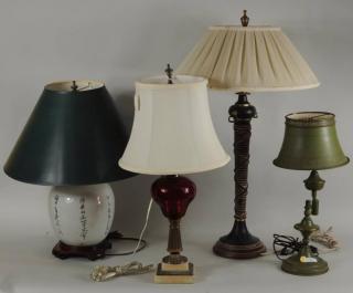 Appraisal: Four Table Lamps Four table lamps comprising a green tole