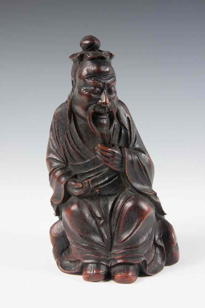 Appraisal: JAPANESE CONFUCIUS IN SHRINE - Carved Bamboo Figure of Seated