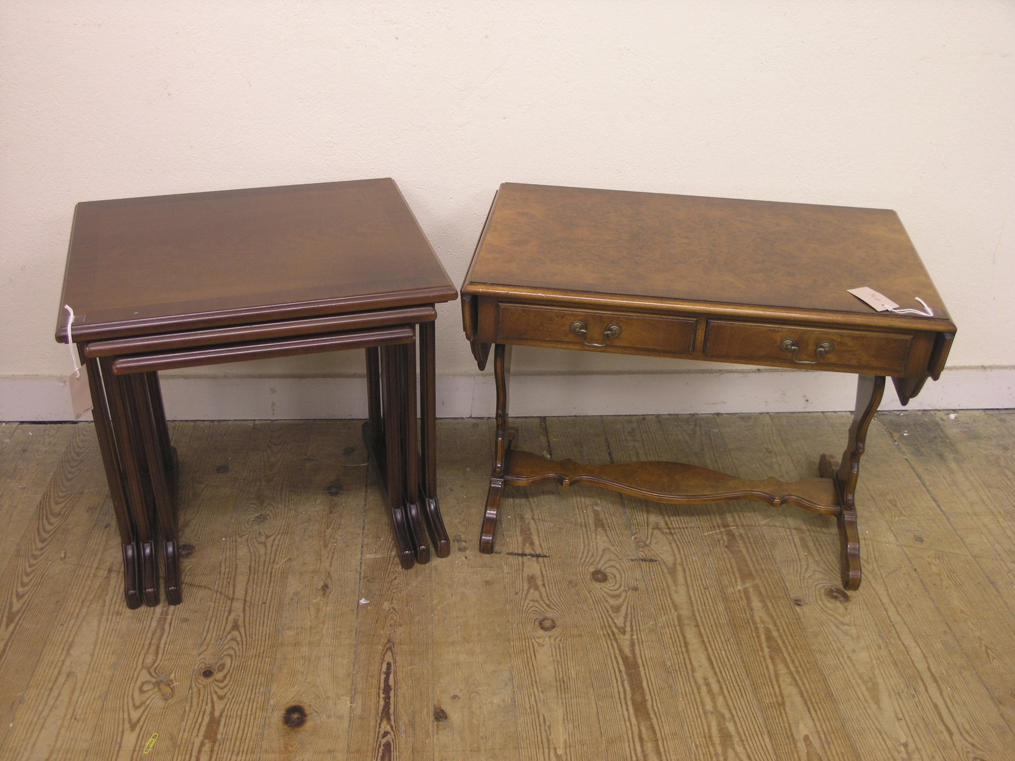 Appraisal: A small burr walnut sofa table with two drawers ft